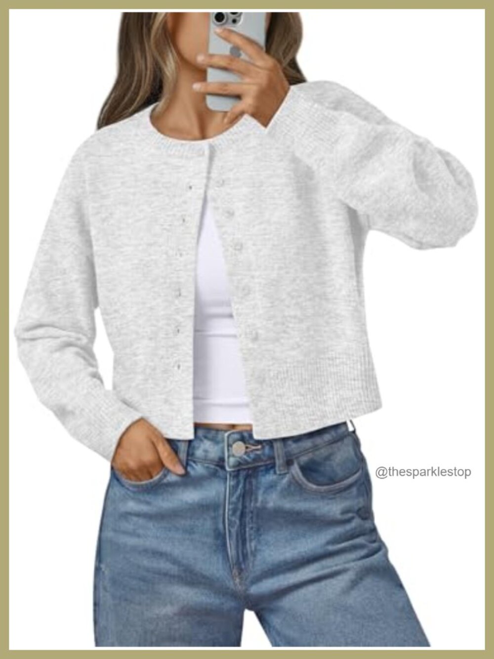 Women's Lightweight Cropped Knit Cardigan Button Front Crew Neck Sweater